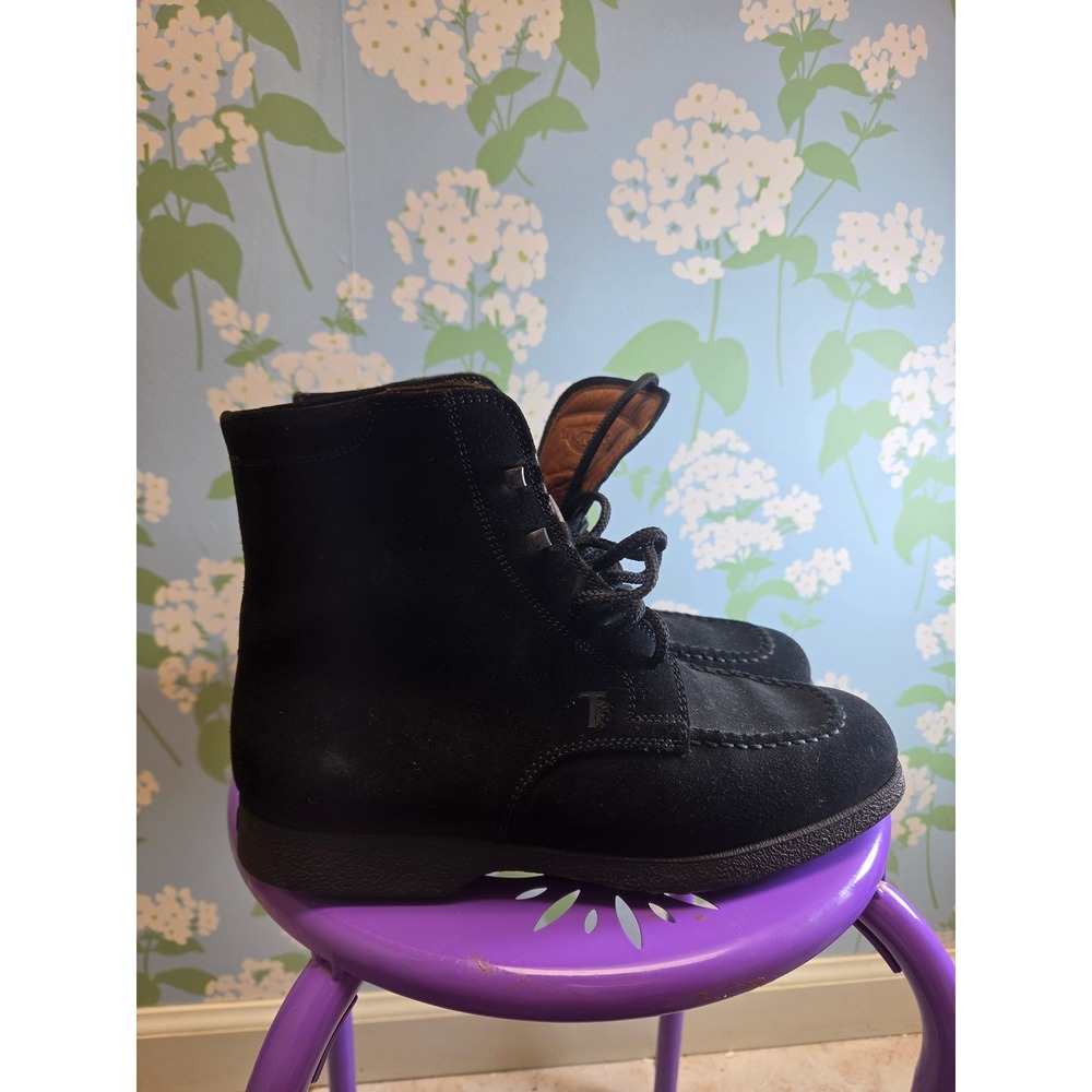 Tods Black Suede Moc Toe Lace Up Ankle Boots Women 37 Made in Italy